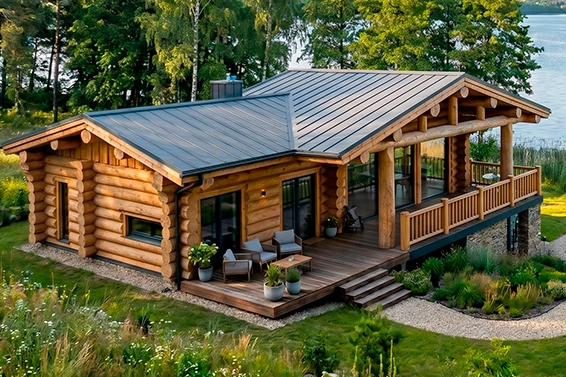 Luksusowy dom z bali drewnianych z ciemnym dachem, tarasem i meblami wypoczynkowymi nad brzegiem jeziora.
