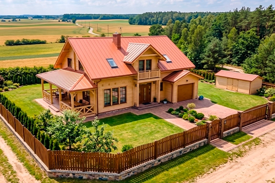 Widok z góry na drewniany dom całoroczny z czerwonym dachem.