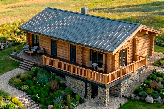 Widok z lotu ptaka na nowoczesny dom z bali w ciepłym odcieniu, ze skalistą podstawą,