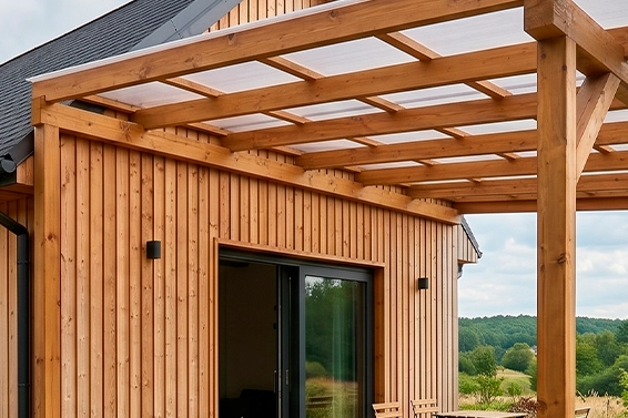 Drewniana pergola z przezroczystym zadaszeniem nad tarasem nowoczesnego domu z drewna.