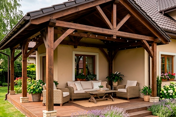 Drewniana altana tarasowa z meblami wypoczynkowymi i oświetleniem.